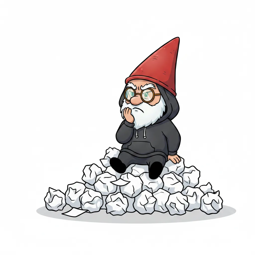 Grumpy engineer sitting on crumpled paper